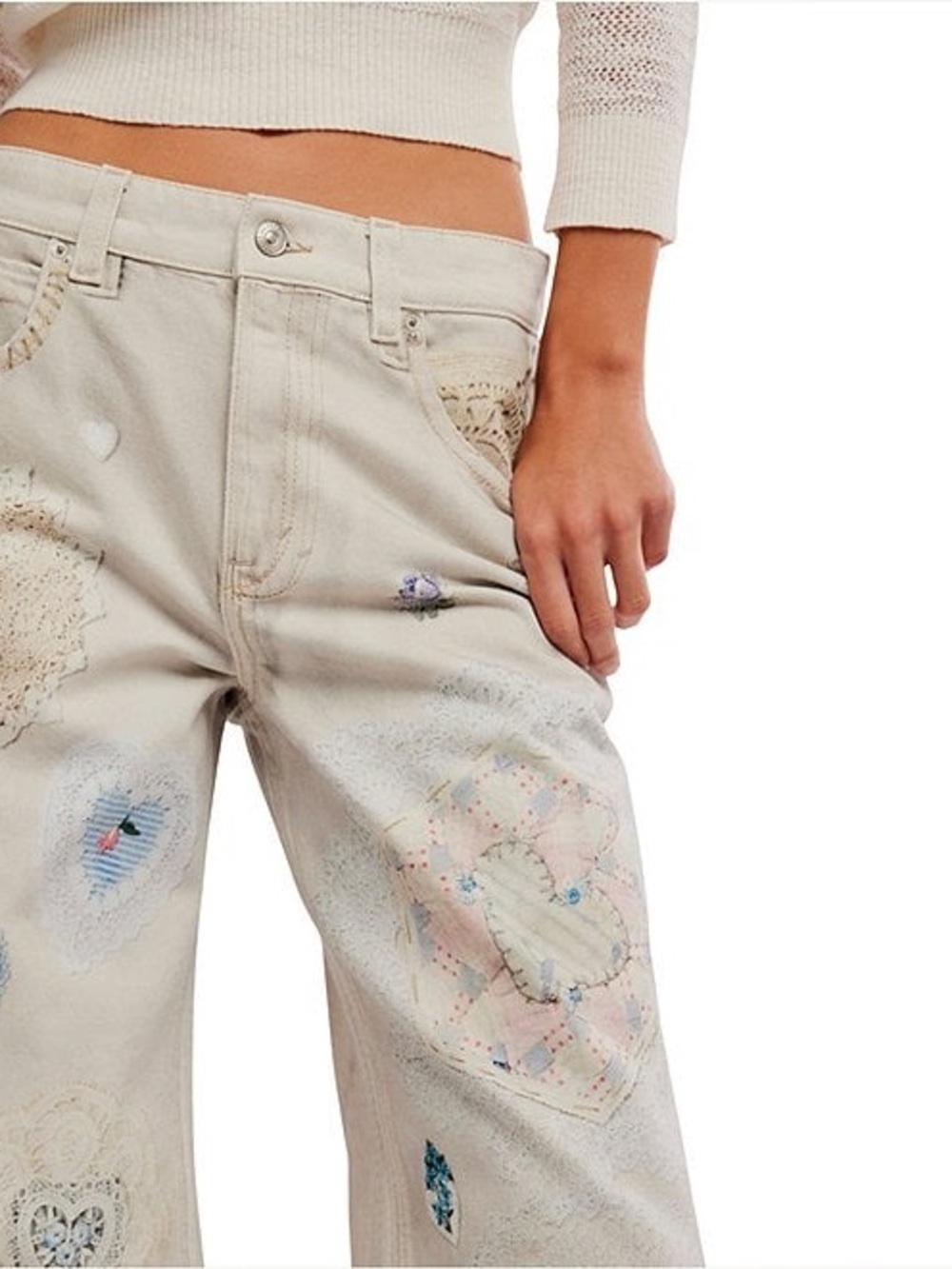 Free People Cream Straight-Leg Heart Patch Jeans - Picture 5 of 12